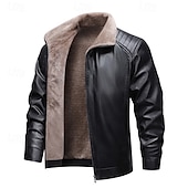 cheap Faux Leather Jackets-Men's Faux Leather Jacket Winter Jacket Fleece Jacket Casual Jacket Outdoor Casual Thermal Warm Pocket Fall Winter Plaid Streetwear Casual Hooded Regular Black Brown Jacket