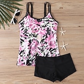 billiga Tankinis-Dam Badkläder 2 st Shorts Baddräkt Öppen rygg Semester Standkläder Blommig U-hals Ärmlös Baddräkter