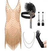 economico Abiti degli anni '20-Set Anni Ruggenti Anni 1920 Mini Vestito Nozze Addio al celibato con accessori Senza maniche Il grande Gatsby Charleston Paillettes Frangia con nappe Piuma Scollo a V profondo Costume Per donna