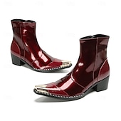 Χαμηλού Κόστους Premium Δερμάτινες Μπότες-ανδρικά γυαλιστερά κόκκινα δερμάτινα μποτάκια μέχρι τον αστράγαλο – κομψά γυαλιστερά με άνετο, στιβαρό τακούνι, κομψή επιλογή για χριστουγεννιάτικες εκδηλώσεις