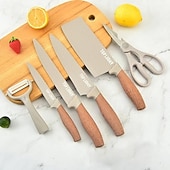 levne Kuchyňská sada-sada kuchyňských nožů, 6dílná luxusní sada nožů s dřevěným potahem, rukojeť s lehkou dřevěnou kresbou, nepřilnavý šéfkuchařský nůž z nerezové oceli s blokem na nože