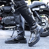 abordables Bottes de motard-Bottes de moto pour homme en similicuir noir avec sangles – élégantes et pratiques pour la moto, les activités de plein air et les sorties décontractées.