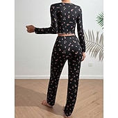 preiswerte Damen Schlafoberteile und -unterteile-Damen Schlafanzug Set Lässig Komfort Blumen Elastischer Bund Hose Heim Täglich Langarm V Ausschnitt Blau Schwarz Weiß Rosa Frühling Herbst Normale Passform