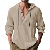 cheap Men's Popover Shirts-Men's Shirt Popover Shirt Summer Shirt Casual Shirt Beach Shirt Black White Yellow Navy Blue khaki Long Sleeve Solid Color Hooded Vacation Casual Drawstring Clothing Apparel Fashion Casual Comfortable