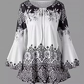 Χαμηλού Κόστους Boho Τοπς-Γυναικεία Μπλούζα Στάμπα Γραφική Βίντατζ Καθημερινά Στυλάτο Μακρυμάνικο Καμπάνα Στρογγυλή Ψηλή Λαιμόκοψη Κανονικά μπλουζάκια Καθημερινά Αργίες Εξόδου Θαλασσί Μαύρο Καλοκαίρι Άνοιξη