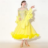 economico Abbigliamento da Competizione-Abito da ballo da sala da donna elegante giallo con corpetto decorato con strass, spalle scoperte, abito da competizione per valzer, tango, rumba moderna