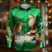 levne Pánská saténová košile-Vánoce Pánské Ježíšek Vánoční stromek Sob Košile Saténová košile Košile k obleku Dlouhý rukáv Móda pro volný čas Venkovní Párty Dovolená Jaro Podzim Přehnutý 3D tisk Košile na knoflíky Světle modr