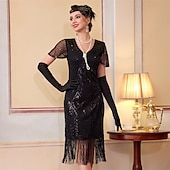 cheap 1920s Dresses-Roaring 20s 1920s Knee Length Flapper Dress Short Sleeves The Great Gatsby Sequins Fringe V Neck Fancy Dress Women's Christmas Carnival speakeasy Masquerade Retro Theme Party Adults' Dress