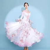 cheap Competition Wear-Women's Elegant White Pink Floral Ballroom Dance Dress Rhinestone Applique Off-Shoulder Waltz Tango Modern Rumba Competition Performance Gown