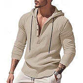 cheap Men's Popover Shirts-Men's Shirt Popover Shirt Summer Shirt Casual Shirt Beach Shirt Black White Yellow Navy Blue khaki Long Sleeve Solid Color Hooded Vacation Casual Drawstring Clothing Apparel Fashion Casual Comfortable
