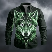 abordables Estampado Animal-Hombre Animal Lobo Focos Camisa Abotonar la camisa Manga Larga Moda informal Exterior Uso Diario Primavera Otoño Cuello Vuelto Impresión 3D camisas con cuello Negro / Verde Negro / purpúreo