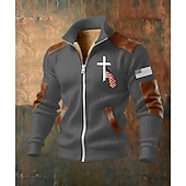 olcso Férfi 3D pulóverek-Férfi Teljes cipzáros kapucnis Gyapjú kabát Gyapjú pulóver Fekete Fehér Katonai zöld Sötétkék Barna Álló gallér Križ Amerikai zászló Zseb Műbőr kiegészítők Sport &amp; Szabadtéri Hétköznapi Napi