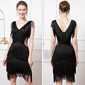 baratos Vestidos dos anos 1920-Roaring 20s 1920s Knee Length Flapper Dress Sleeveless The Great Gatsby Flapper Girl Sequins Fringe V Neck Fancy Dress Women's Christmas Carnival speakeasy Masquerade Retro Theme Party Adults Dress