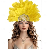 preiswerte Zubehör-Karneval 2026 Rio Karneval Samba Accessoires Karneval Federkopfschmuck für Damen - Gelbes Pailletten Kostümkopfteil - Mardi Gras Festival Schau-Mädchen Haar Zubehör Brasilien Festival