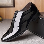 baratos Sapatos Oxford-Sapatos sociais masculinos de verniz marrom escuro com cadarço - calçado formal elegante para reuniões de negócios e eventos sofisticados.