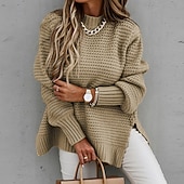 Недорогие Сплошные цвета-Жен. Вязаная ткань Мода На каждый день Чистый цвет Рельефный узор Вырез под горло Ложная шея Трикотаж Длинный рукав Обычные топы Вязать на открытом воздухе Повседневные выходные Черный Розовый