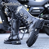 abordables Botas de combate-Botas militares negras para hombre con múltiples hebillas: botas resistentes de piel sintética para actividades casuales y al aire libre.