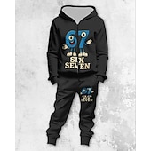 preiswerte Jungen 3D Lustiger Humor-Unisex Jungen 3D Grafik Lustiger Slang 67 Hoodie- und Jogginghosen-Set Sportanzug Jacke &amp; Hose Langarm Frühling Herbst Mode Lässig Komfort Kinder 4-12 Jahre Reissverschluss Mit Kapuze Outdoor Urlaub