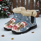 baratos Sapatos de Natal Femininos-Botas femininas natalinas quentinhas com forro de pele e estampa fofa de Papai Noel com gatinho – estilo aconchegante de inverno, sola leve antiderrapante, perfeitas para festas de fim de ano, passeios ao ar livre, uso casual e para presentear no Natal.