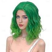  Zielone Peruki Syntetyczna Peruka Kręcona Bob Środkowy Przedziałek Krótka Miętowa Zielona Zielona Moda Zielono-Pomarańczowe Ombre