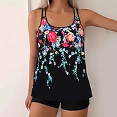billiga Tankinis-Dam Badkläder 2 st Shorts Baddräkt Öppen rygg Semester Standkläder Blommig U-hals Ärmlös Baddräkter