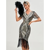 preiswerte 1920er Kleider-Goldene Zwanziger 1920er Knielang Flapper Kleid Kurze Ärmel Der große Gatsby Flapper-Mädchen Pailletten Fransen V Ausschnitt Kostüm Damen Weihnachten Karneval Abendgesellschaft Flüsterkneipe Maskerade