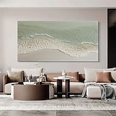 cheap Landscape Paintings-Hand painted Green Texture Sea oil painting handmade Wall Art Large Green Coastal Painting White Ocean Waves 3D Plaster Painting Minimalist Beach oil painting Wall Art painting Living Room Wall Art