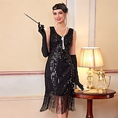 baratos Vestidos dos anos 1920-Roaring 20s 1920s Knee Length Flapper Dress Sleeveless The Great Gatsby Sequins Fringe V Neck Fancy Dress Women's Christmas Carnival speakeasy Masquerade Retro Theme Party Adults' Dress