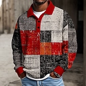 お買い得  メンズ ジオメトリック ポロ-男性用 パッチワーク ポロ テクスチャード加工 長袖 ポロシャツ ラペル カジュアル 学校 アスレイジャー デイリーウェア 3Dプリント 春 秋 冬 ルビーレッド パープル グリーン