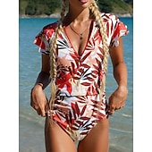 levne Jednodílné plavky-Dámské jedndílné plavky zeštíhlující zip přední palm monokini kontrola břicha vysoký pas slim dovolená plážové oblečení květinové listy kulatý výstřih krátké rukávy plavky