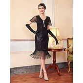 cheap 1920s Dresses-Roaring 20s 1920s Knee Length Flapper Dress Short Sleeves The Great Gatsby Sequins Fringe V Neck Fancy Dress Women's Christmas Carnival speakeasy Masquerade Retro Theme Party Adults' Dress