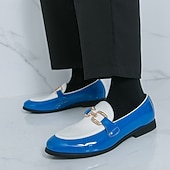 billiga Loafers-Herrloafers i vitt och blått i lack med metallspänne – trendiga skor för semiformella sammankomster och fester