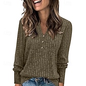 tanie gładka koszulka-Damskie Podkoszulek Koszulka Guziki Jednokolorowe Elegancki Klasyczny Codzienny Długi rękaw W serek Zwykłe topy Codzienny Wyjściowe Weekend Czarny Zieleń wojskowa Czerwony Brązowy Khaki Wiosna Jesień