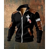 olcso Férfi 3D pulóverek-Férfi Teljes cipzáros kapucnis Gyapjú kabát Gyapjú pulóver Fekete Fehér Katonai zöld Sötétkék Barna Álló gallér Križ Amerikai zászló Zseb Műbőr kiegészítők Sport &amp; Szabadtéri Hétköznapi Napi