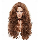 baratos Perucas Históricas-Peruca longa e ondulada de 71 cm (28 polegadas), cabelo sintético crespo e cacheado, cor vermelho-cobre natural, para mulheres.