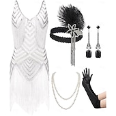 economico Abiti degli anni '20-Set Anni Ruggenti Anni 1920 Mini Vestito Nozze Addio al celibato con accessori Senza maniche Il grande Gatsby Charleston Paillettes Frangia con nappe Piuma Scollo a V profondo Costume Per donna