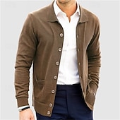 cheap Men's Cardigan Sweater-Men's Sweater Cardigan Sweater Ribbed Knit Regular Tops Knitted Plain Turndown Vacation Fashion Casual Office Clothing Apparel Spring &amp;  Fall Navy Blue S M L