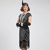 preiswerte 1920er Kleider-Set Goldene Zwanziger 1920er Knielang Kleid Flapper Kleid Outfits mit Zubehör Cap-Ärmel Der große Gatsby Hochzeitsgast Quastenfransen V Ausschnitt Rundausschnitt Kostüm Damen Karneval Maskerade