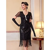 cheap 1920s Dresses-Roaring 20s 1920s Knee Length Flapper Dress Short Sleeves The Great Gatsby Sequins Fringe V Neck Fancy Dress Women's Christmas Carnival speakeasy Masquerade Retro Theme Party Adults' Dress