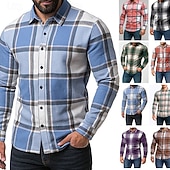 preiswerte Herren-Oberhemden-Herren Hemd Flanellhemd Kariertes Hemd Knopfhemd Overshirt Karomuster Outdoor Straße Blau Schwarz Rosa Rote Langarm Revers Frühling &amp; Herbst Bekleidung
