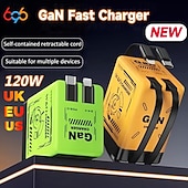 baratos Carregadores Sem Fio-Carregador portátil rápido de 120 W com cabo USB-C e Lightning, compatível com iPhone 15/16/17 e Samsung, ideal para jogos e viagens. Design compacto e específico para tomadas europeias.