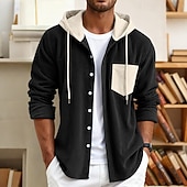 preiswerte Freizeithemden für Herren-Herren Hemd Freizeithemd Cordhemd Knopfhemd Kapuzenhemd Blau Schwarz Grün Langarm Einfarbig Mit Kapuze Lässig Täglich Tasche Bekleidung Mode Modern Lässig