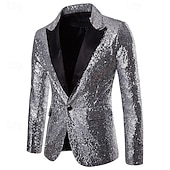 Недорогие блейзер для вечеринок-Муж. Пиджак Закрытие воротника Рождество Для вечеринки Блестящие Однотонный Blazer Синий Серебряный Красный Узкий крой Однобортный с 1 пуговицей