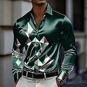 preiswerte Herren Satin Hemd-Herren Geometrisch Karo / Karomuster Glas Hemd Satinhemd Kleidhemd Langarm Business-Casual Urlaub Alltagskleidung Sommer Frühling Herbst Umlegekragen 3D-Druck Hemden mit Knopfleiste Dunkelrot
