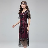 baratos Vestidos dos anos 1920-Loucos anos 20 Anos 20 Até os Joelhos Comprimento Curto Vestido melindroso Ilusão Mangas curtas O Grande Gatsby Convidado do casamento Paetês Lantejoula Decote V Fantasia Mulheres Carnaval Baile de