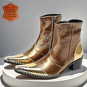 halpa Ensiluokkaiset nahkasaappaat-Miesten ruskeat ja kultaiset nahkaiset nilkkurit - metallinhohtoinen viimeistely, tyylikäs muotoilu ja mukava istuvuus, ihanteellinen rentoon ja puoliviralliseen kokoontumiseen