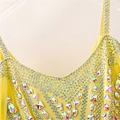 economico Abbigliamento da Competizione-Abito da ballo da sala da donna elegante giallo con corpetto decorato con strass, spalle scoperte, abito da competizione per valzer, tango, rumba moderna