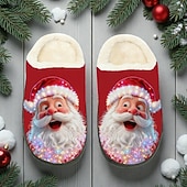 Недорогие Мужские рождественские туфли-Мужские тапочки с принтом Санта-Клауса — праздничное красное лицо Санта-Клауса со светодиодными лампами, уютные плюшевые тапочки для рождественского утра, отдыха и отдыха в праздники
