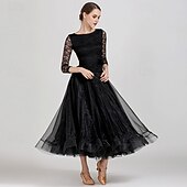 economico Sala da Ballo Standard-Abito da allenamento per ballo da sala da donna, elegante, nero, con maniche in pizzo, scollo a barca, valzer, tango, rumba moderna