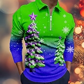 billiga Julgransoutfit-Jul Herr Julgran Polo Långärmad Polotröjor Kavajslag Ledigt Helgdag Dagliga kläder Festivalkläder 3D-utskrift Quarter Zip Polo Vår Höst Vinter Blå Sjöblå Rubinrött
